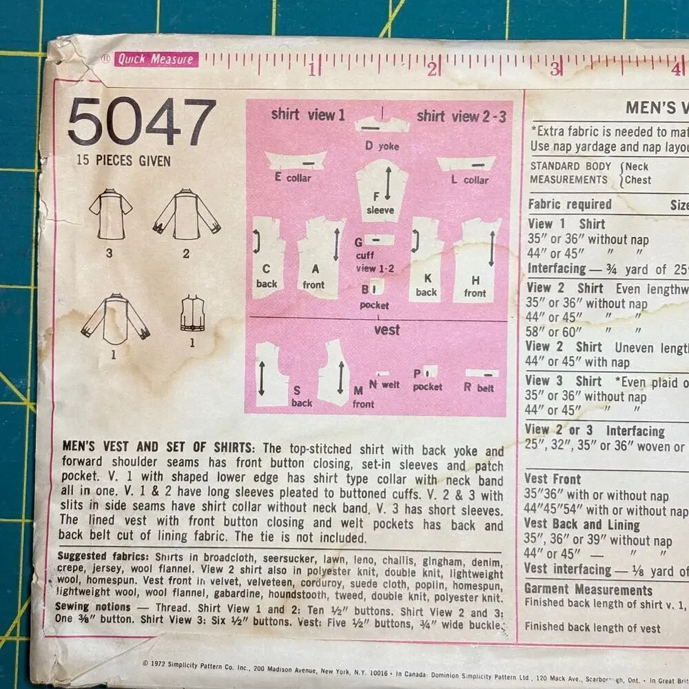 Vtg Simplicity Pattern 5047 Men's Set of Shirts Vest Long-Short Sleeves Uncut 38